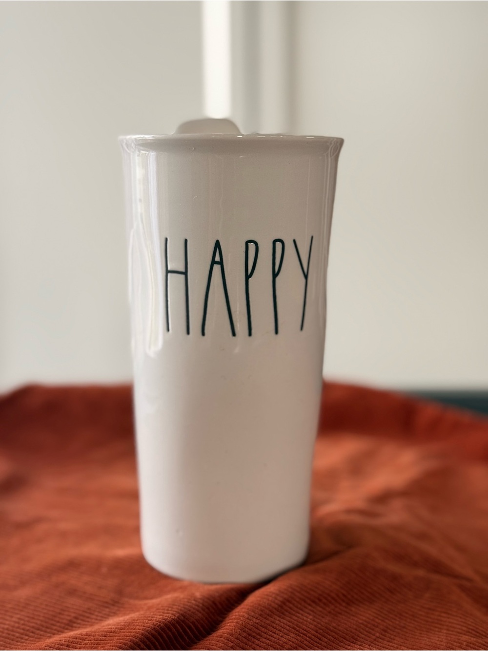 Rae Dunn "HAPPY" Ceramic Travel Mug with Lid White Coffee Cup